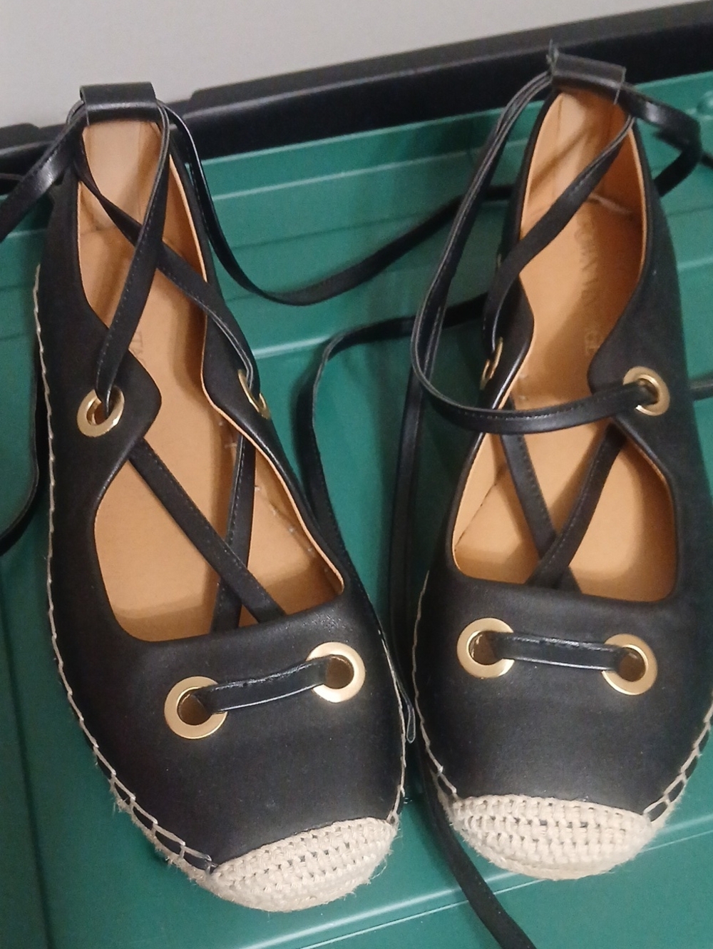 Crown Vintage Black Lace-Up Espadrille Flats with Gold Eyelets